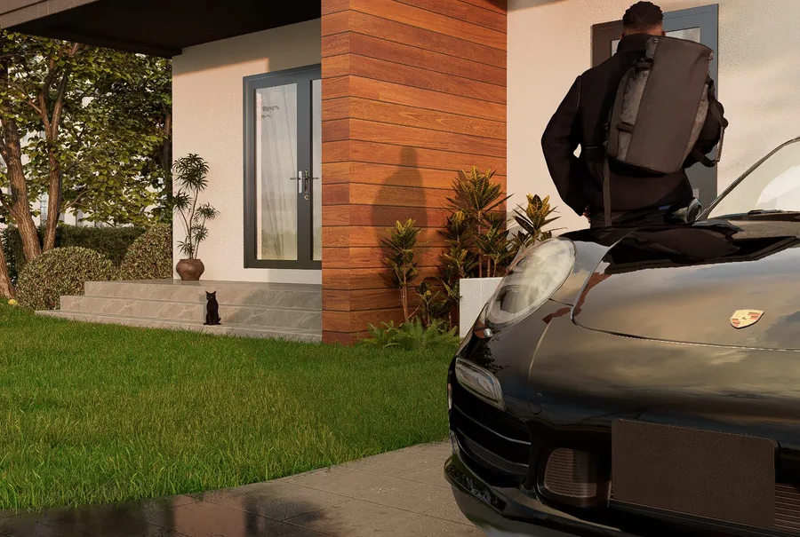 Photorealistic twilight render of a residence, showing the building's exterior lighting at dusk.